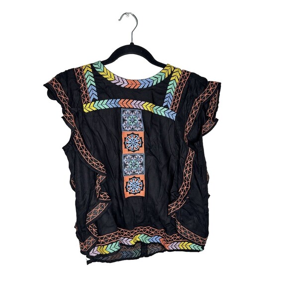ban·jara Tops - Ban Jara Top Womens Medium Black B2176-GRAPH Embroidered Boho India Tassel Rayon